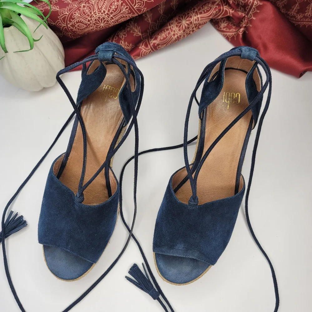 Cabi Wedge Sandals Blue Boho Ankle Wrap Size 9